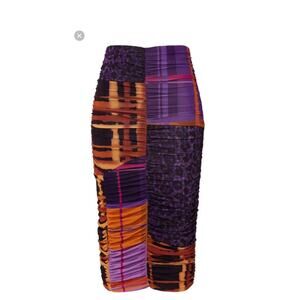 Fuzzi Purple Gold Ruched Stretchy Style Skirt Size Medium FLAWED